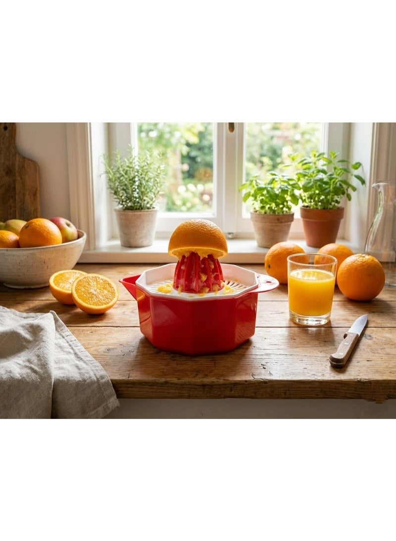 Manual Citrus Juicer & Orange Squeezer with Strainer and Pour Spout - Portable Plastic Hand Press for Fresh Juice - Bright Red - Image 2